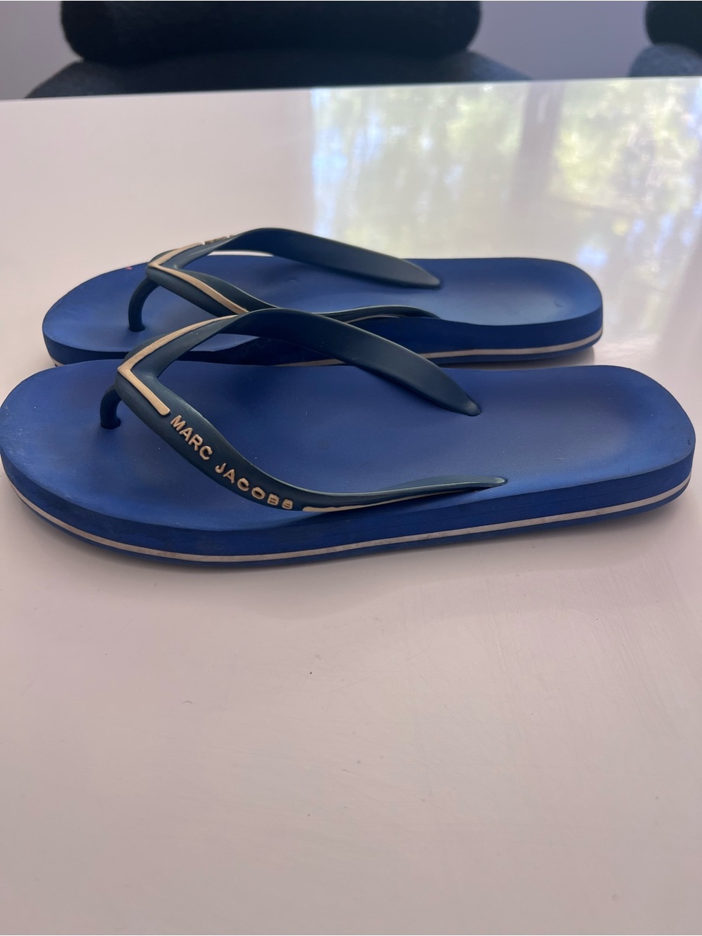 Marc Jacobs Navy Blue Flip Flop Sandals with Gold Logo